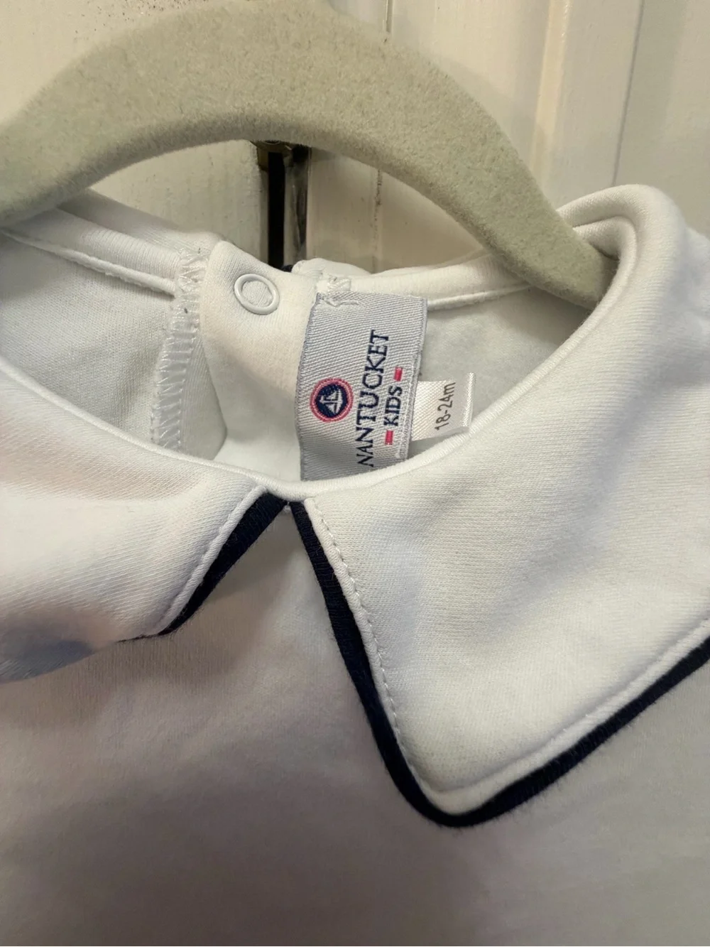 Nantucket Kids Peter Pan Collar Long Sleeve Bodysuit White Navy Trim 18-24M